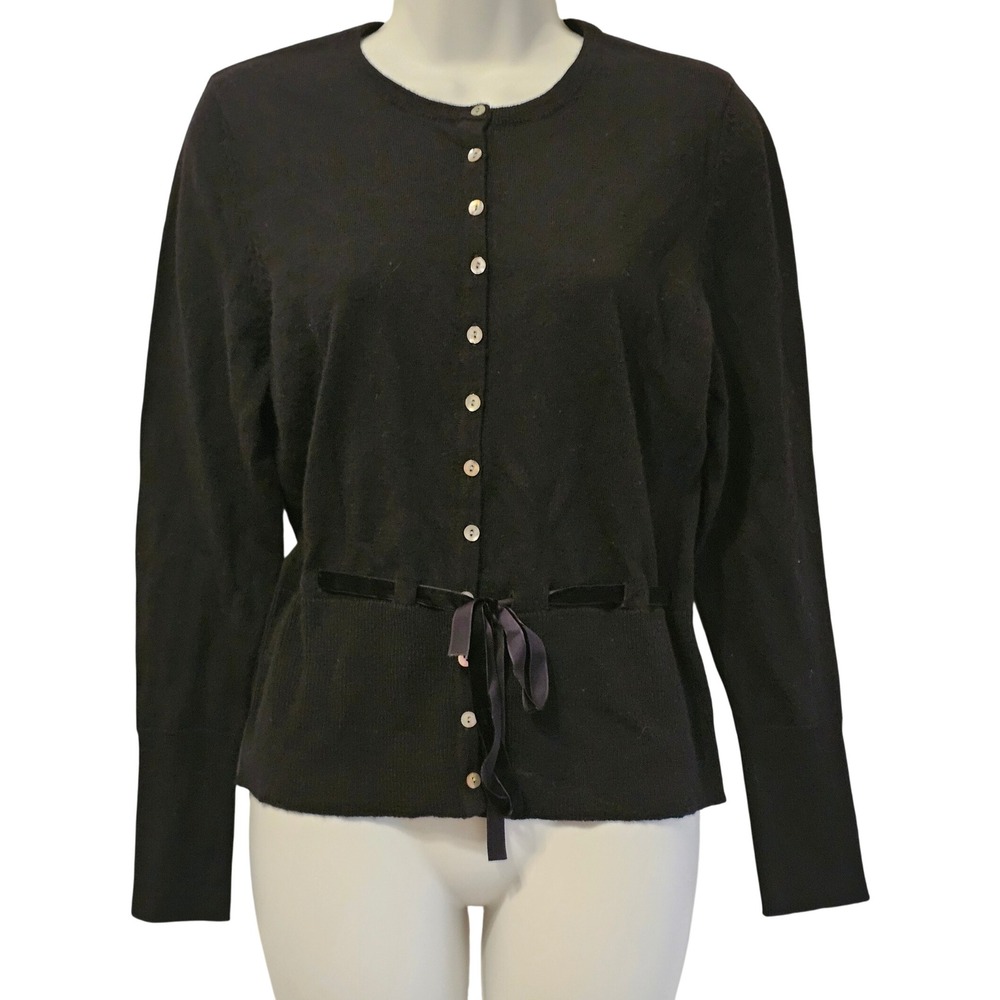 Sarah Spencer Black 100% Italian Merino Wool Cardigan Velvet Ribbon Tie Large